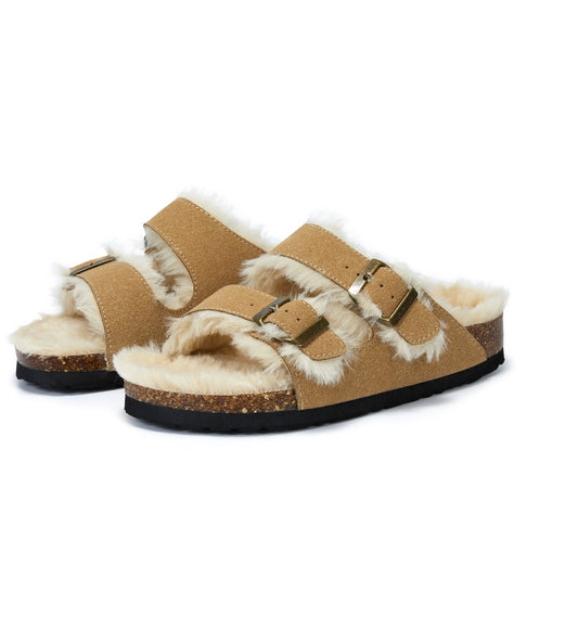 Autumn And Winter Plush Flat Bottomed Frosted Leather Boken Cork Slippers